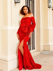 Red Sequined Split Maxi Party Dress Partydress-241208