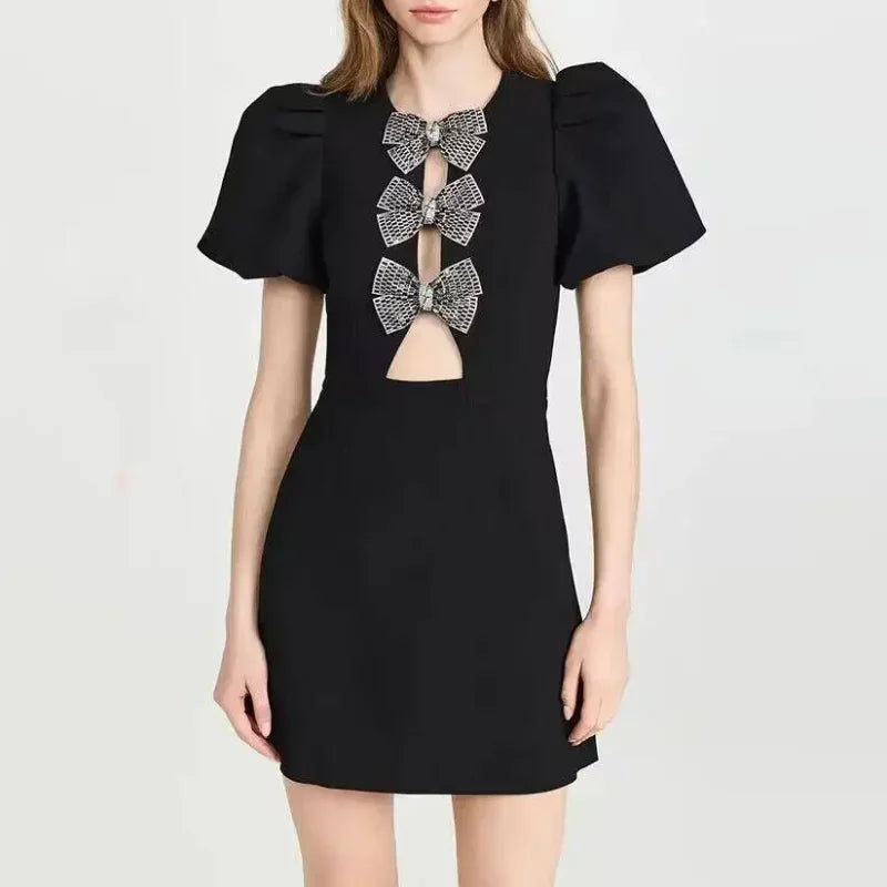 Sexy Hollow Out Slim Mini Puff Sleeve Red Christmas Party Dress Dresses-L