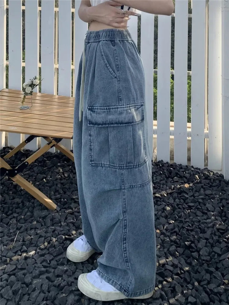 Retro Style Loose Multi Pocket Wide Leg Graffiti High Waist Straight Women’s Jean