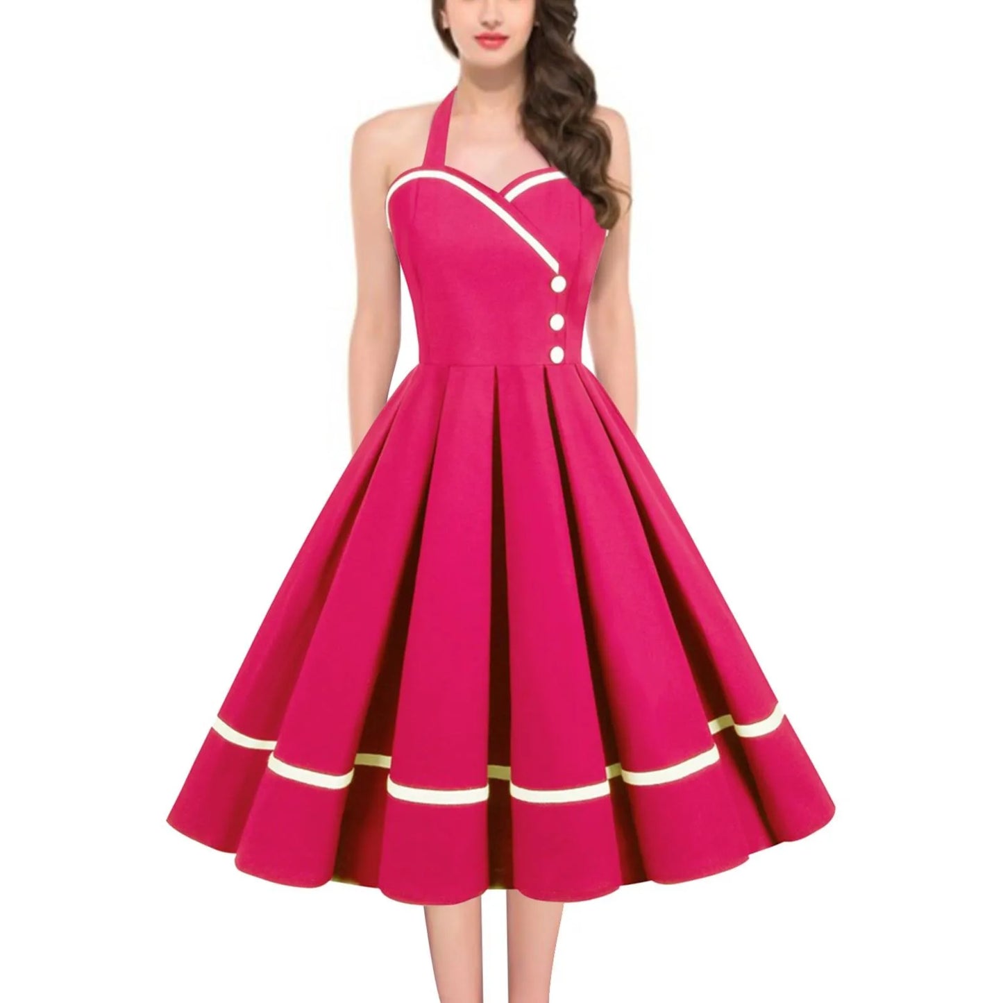 JuliaFashion - Pin Up Rockabilly Party 50s 60s Button Pleated Strapless Cotton Red Green Pink V Neck Femme Vintage Dress