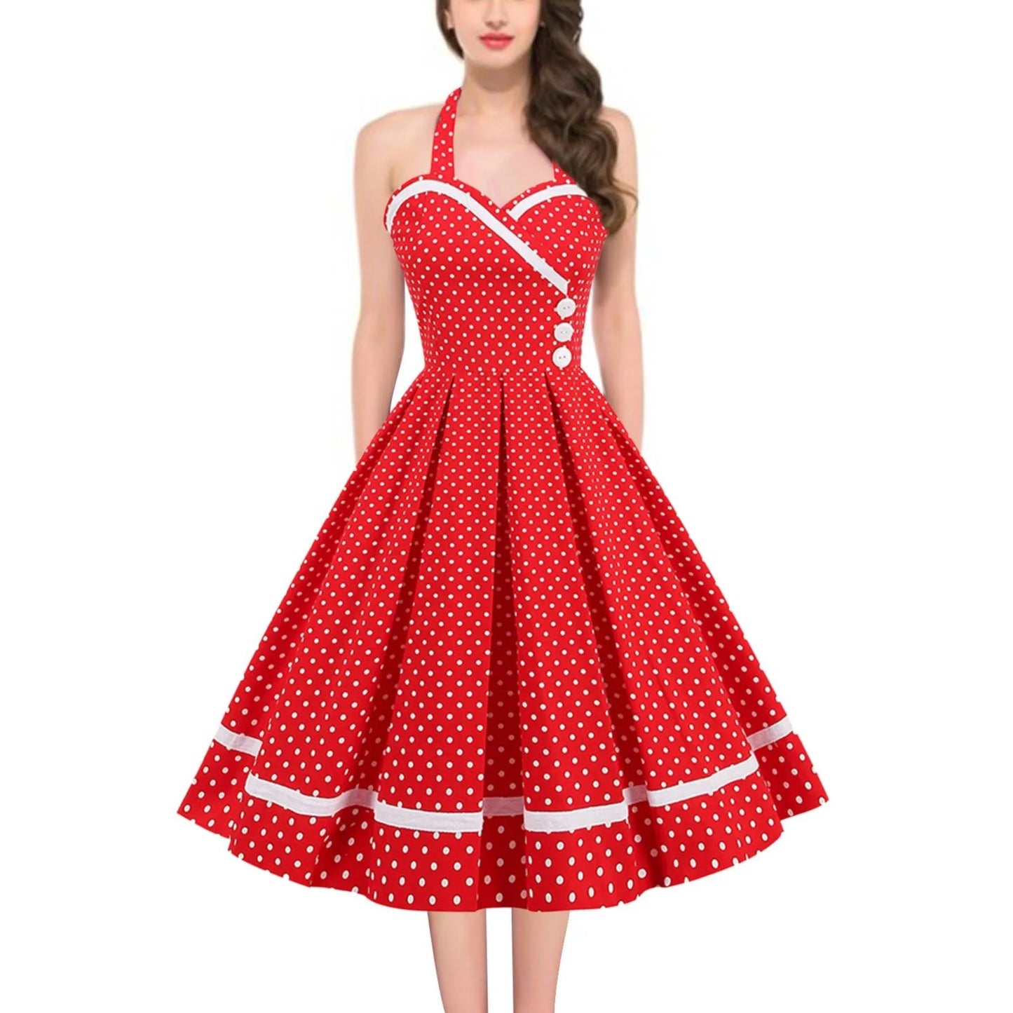 JuliaFashion - Pin Up Rockabilly Party 50s 60s Button Pleated Strapless Cotton Red Green Pink V Neck Femme Vintage Dress