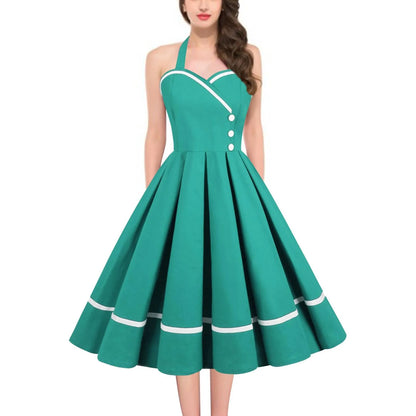 JuliaFashion - Pin Up Rockabilly Party 50s 60s Button Pleated Strapless Cotton Red Green Pink V Neck Femme Vintage Dress