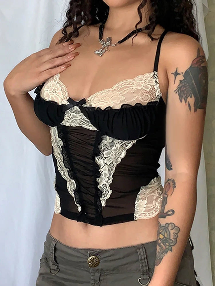 Lace Mesh Stitching Crop Gothic Corset Top