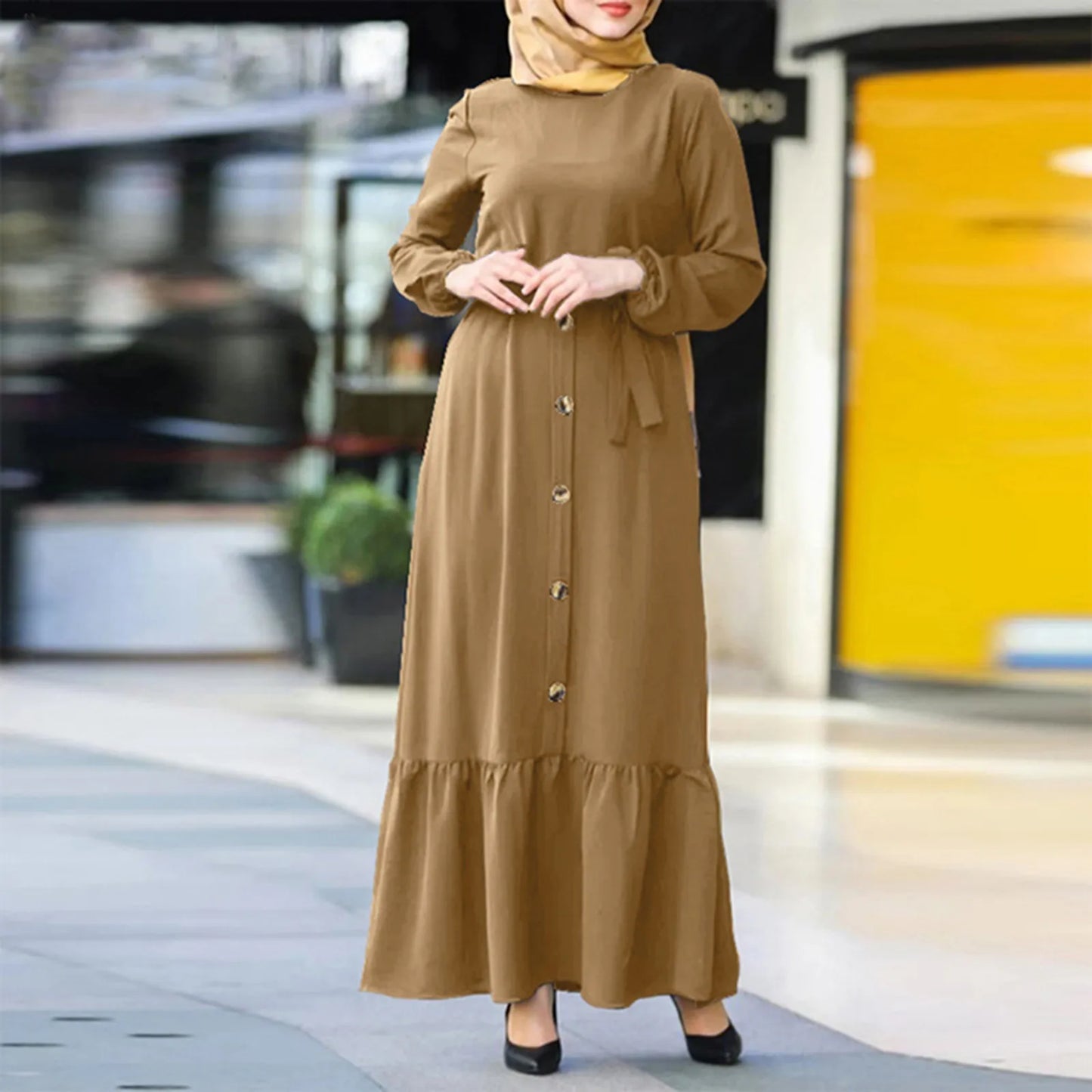 JuliaFashion - Round Neck Muslim Robe Jilbab Abaya Hijab Women Islamic Clothing Solid Long Sleeve Ramadan Maxi Caftan Marocain Dress