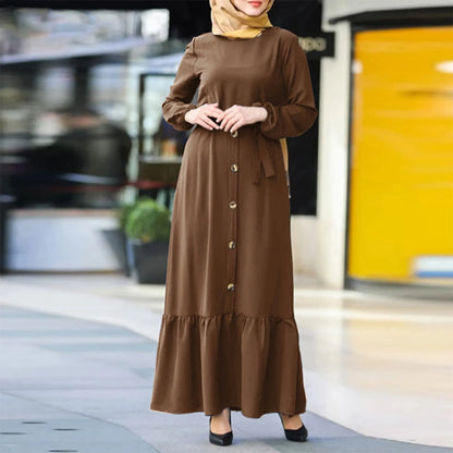 JuliaFashion - Round Neck Muslim Robe Jilbab Abaya Hijab Women Islamic Clothing Solid Long Sleeve Ramadan Maxi Caftan Marocain Dress