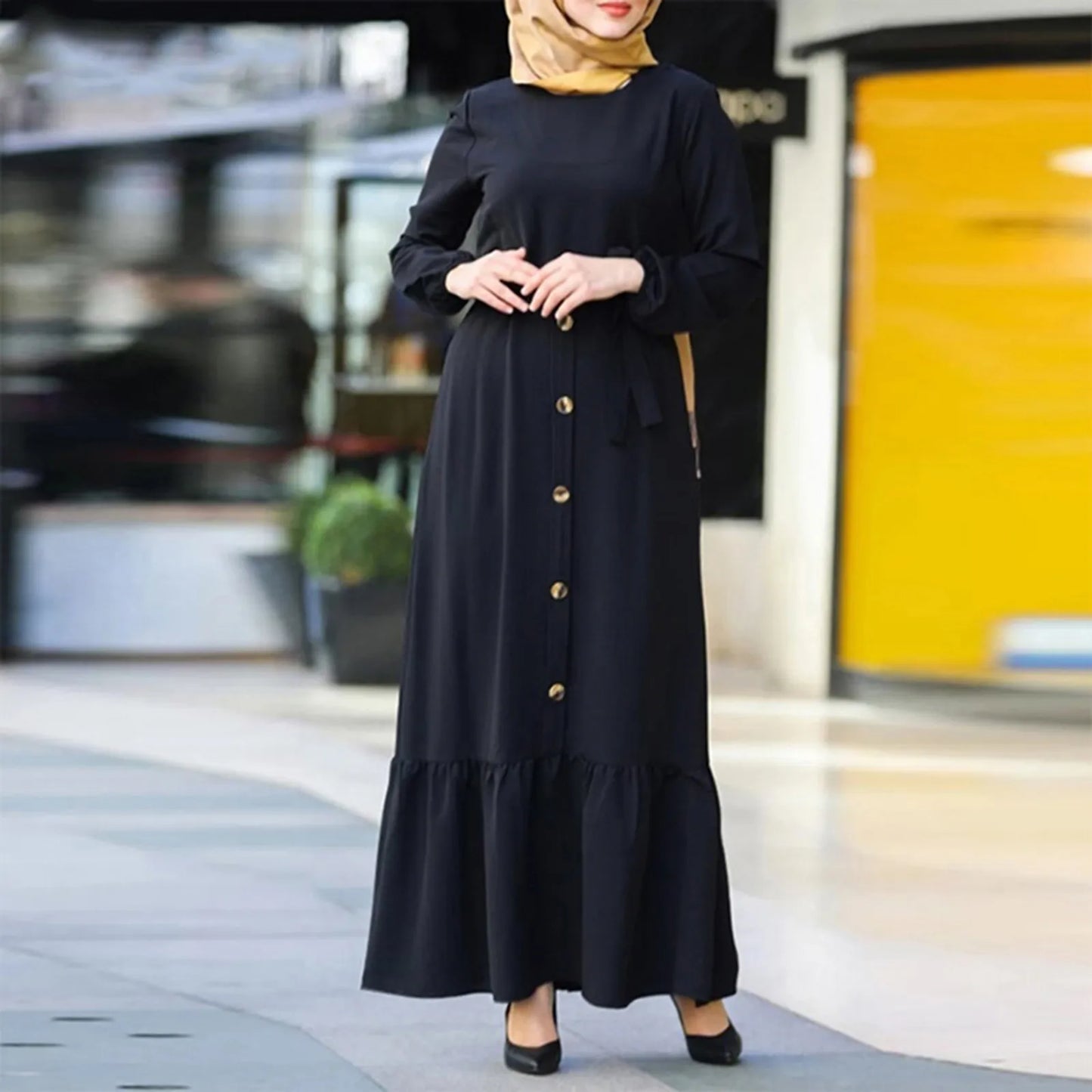 JuliaFashion - Round Neck Muslim Robe Jilbab Abaya Hijab Women Islamic Clothing Solid Long Sleeve Ramadan Maxi Caftan Marocain Dress