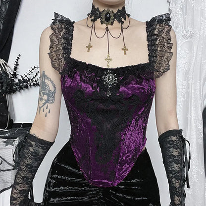 Gothic Punk Patchwork Ruched Lace Tube Bustier Crop Top