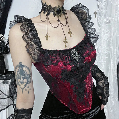 Gothic Punk Patchwork Ruched Lace Tube Bustier Crop Top