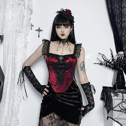 Gothic Punk Patchwork Ruched Lace Tube Bustier Crop Top