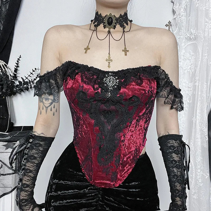 Gothic Punk Patchwork Ruched Lace Tube Bustier Crop Top