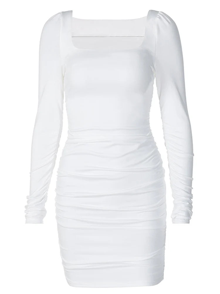 Julia Fashion - Ruched Solid Long Sleeve Mini Dress