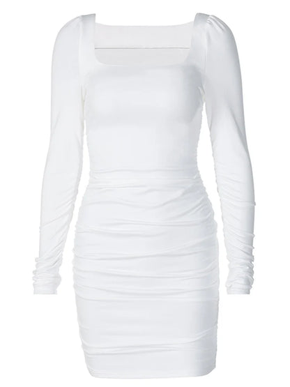 Julia Fashion - Ruched Solid Long Sleeve Mini Dress