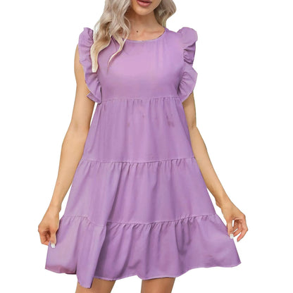 JuliaFashion - Ruffles New Korean Style Fashion Solid Butterfly Sleeve Mini O Neck A Line Casual Summer Dress