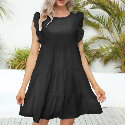 JuliaFashion - Ruffles New Korean Style Fashion Solid Butterfly Sleeve Mini O Neck A Line Casual Summer Dress