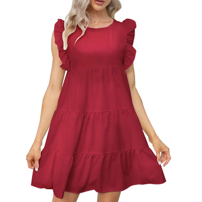 JuliaFashion - Ruffles New Korean Style Fashion Solid Butterfly Sleeve Mini O Neck A Line Casual Summer Dress