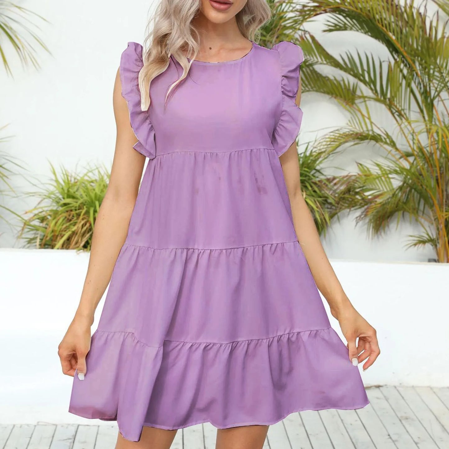 JuliaFashion - Ruffles New Korean Style Fashion Solid Butterfly Sleeve Mini O Neck A Line Casual Summer Dress