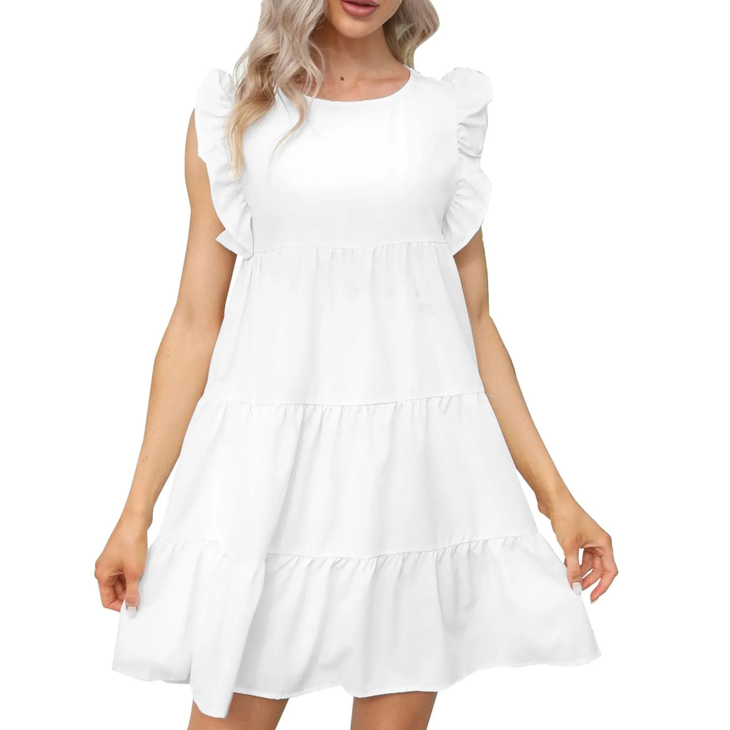 JuliaFashion - Ruffles New Korean Style Fashion Solid Butterfly Sleeve Mini O Neck A Line Casual Summer Dress