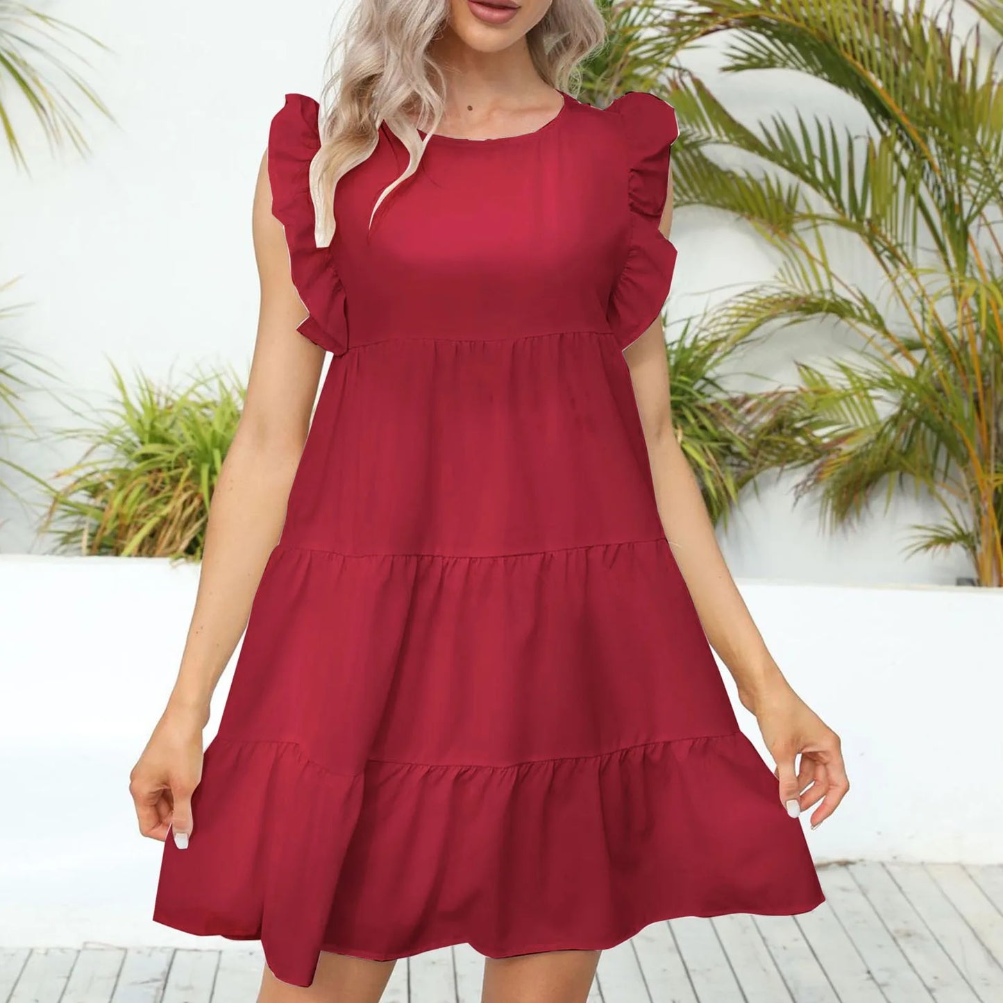 JuliaFashion - Ruffles New Korean Style Fashion Solid Butterfly Sleeve Mini O Neck A Line Casual Summer Dress