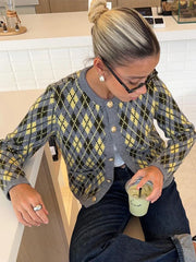 Check Plaid Knitted Cardigans Women Single Breasted Casual Loose Elegant Sweaters Long Sleeve Chic Coats 2024 Winter Lady Tops