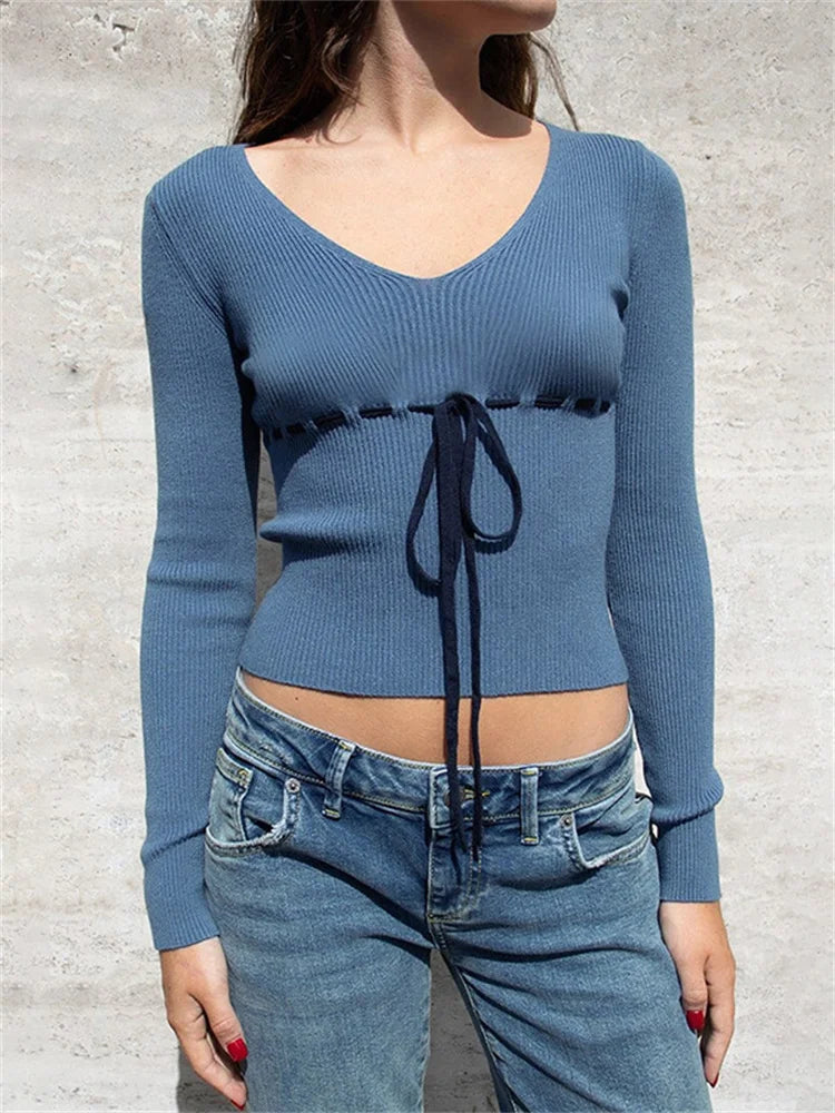 JuliaFashion - Vintage Knitted Solid Slim Fit V-neck Ribbed Lace-up Casual Pullovers Female New Sweater