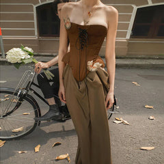 Sexy Women Butterfly Detail Strapless Long Dress Aesthetic Chic Detachable Corset Top Vintage Elegant Maxi Dresses