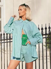 Drawstring Short Pants Sets 2024 New Summer Long Sleeve Pocket Irregular Blouse+Shorts Outfits Streetwear Casual Two-piece Set