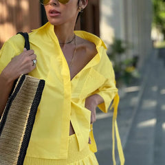 Solid Pocket Blouse Two-piece Set Women Single Breasted Short Sleeve Blouse+Elastic Waist Long Skirts Elegant Casual Skirts Sets