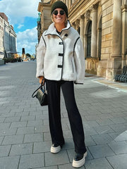 Plush Stand Collar Jackets Coat Women Vintage Lambwool White Single-Breasted Pockets Jacket Female Autumn High Street Outwear