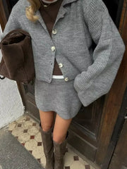 Knitted Skirts 2 Piece Set Women Fashion Lapel Flare Button Knitted Cardigan Top Mini Skirt Autumn Lady All-matching Outfit