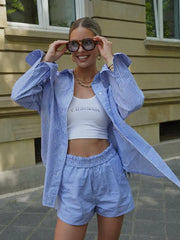 Drawstring Short Pants Sets 2024 New Summer Long Sleeve Pocket Irregular Blouse+Shorts Outfits Streetwear Casual Two-piece Set