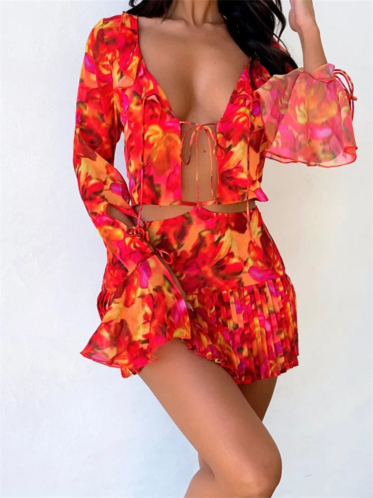 JuliaFashion - Floral Print Front Split Tie-up Ruffles Long Sleeve Shirts Suits