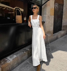 Summer White Elegant Midi Dress Women 2024 New Chic Sleeveless Waist Hollow Out Long Dresses Streetwear Fashion Lace-up Vestidos