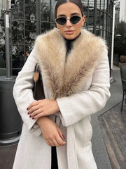 Women Faux Fur Patchwork Collar Woolen Belts Coat Button Up Pocket Casual Thicken Warm Outwear Female Winter Chic Jacket