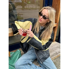 Vintage Patchwork Women's Leather Jacket Loose O-neck Long Sleeve Zipper Moto Biker Coats Autumn Lady Contrast Outwear Y2K