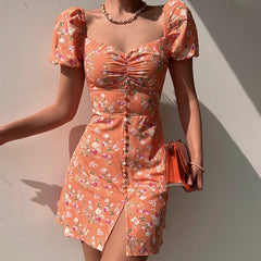 Waist Arm A-Line Puff Women’s V-Neck High Flowered Dress S / Green Dresses