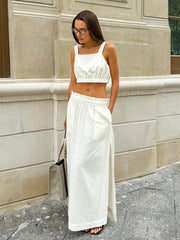 TAVIMART  -  Wolfeel Summer Cotton Linen Women's Suspender Half Skirt Set Chic Short Vest Casual Set Female Split Long Skirt Matching Sets