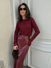 Retro Solid Color Leather Women's Skirt New Fashion Slim Fit Casual Long Skirts Autumn Elegant Vintage Split Skirt for Women