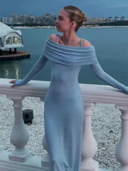 Elegant Solid Off Shoulder Long Dress Women Sexy Bodycon Full Sleeves Party Dresses 2024 Summer Autumn Slim Lady Casual Robes