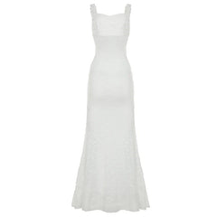 Boho Chic Women Floor-Length Fishtail Dress White Lace Elegant Sexy Sleeveless Bodycon Maxi Dress Summer Clubwear