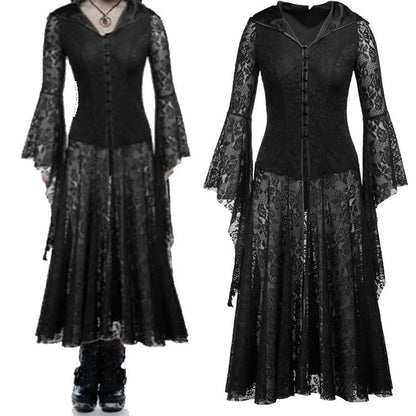 JuliaFashion - Gothic Vestidos Vintage Lace Medieval Retro Cosplay Lace Party Long Sleeve Costumes Black Sexy Hooded Dress