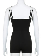Summer Black Contrast Stitching Fitness Romper For Woman 2024 Sleeveless Backless Skinny Playsuit Street Workout Overalls