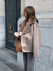 Elegant Lapel Women's Lamb Wool Splicing Suede Jacket Fashion Single Breasted Long Sleeve Thicken Warm Coat Lady Streetwear