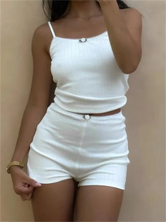 JuliaFashion - Vintage Lace Trim Cami Crop Tops White Shorts Sleepwear Suits