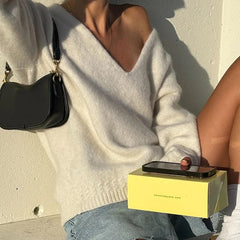 V-neck Solid Casual Sweater Simple All-match Cable-knit Knitwear Pullovers Fall Women Clothes Streetwear Loose Fit Tops