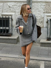 fashion Lapel Single Breasted Knitted pullover Set women chic Long Pagoda Sleeve Short Skirt suit Lady Fall Two Piece Outfits