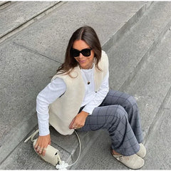 New Solid Lamb Wool Single Breasted Vest For Women Casual V Neck Sleeveless Warm Waistcoat Autumn High Street Outerwear Y2K