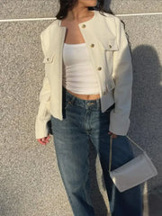 Elegant Solid Button Fake Pocket Jacket Women's Fashion O-neck Long Sleeve Single Breasted Cropped Coats New Lady Chic Outerwear