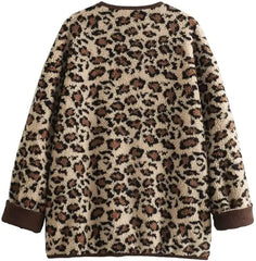 New Women's Leopard Fuzzy Fleece Jacket Long Sleeve Open Front Coats Lightweight Casual Outerwear with Pocket Thermal Top Jacket