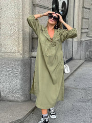 Casual Street Lace Up Long Dresses Women New Chic Loose V-neck Side Slit Solid Dress Female Summer Versatiel Street Party Robes