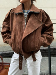 Fashion Brown Maillard Lapel Suede Leather Jackets For Women Casual Long Sleeve Zipper Pockets Coats Lady High Streetwear